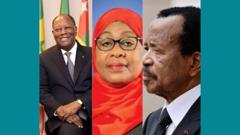 De gauche à droite, le président du Cameroun, Paul Biya, la présidente de la Tanzanie, Samia Suluhu Hassan, le président de la Côte d'Ivoire, Alassane Dramane Ouattara